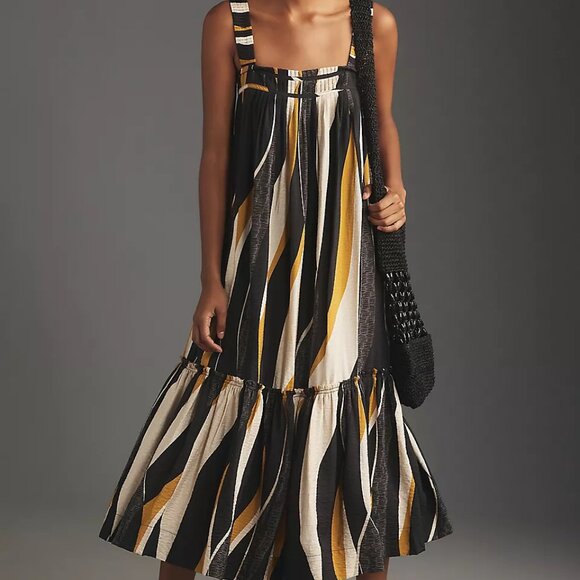 NWT By Anthropologie Square-Neck Waistless Midi Dress Black Motif Size L - Picture 7 of 9